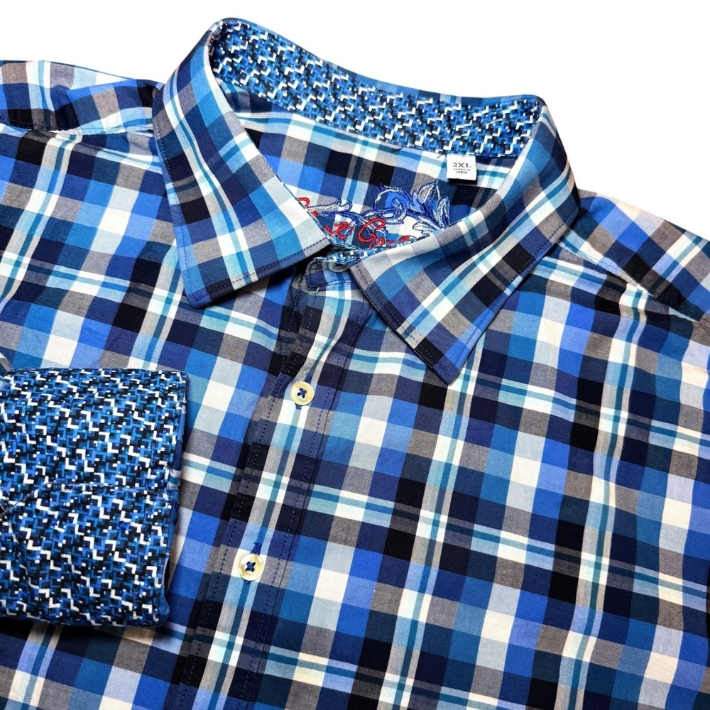 Robert Graham Mens 2XL Blue Plaid Long Sleeve Button Down Shirt Cotton Flip Cuff